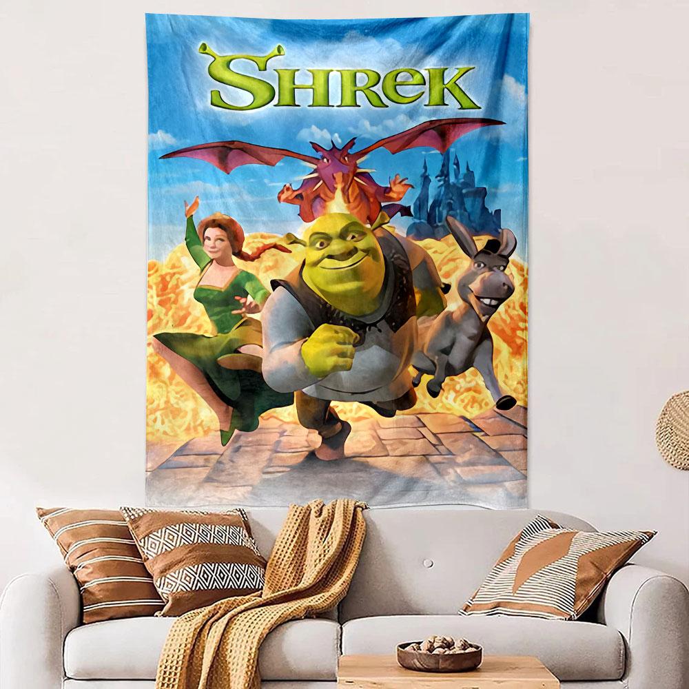 Shrek Tapestry Wall Hanging, DreamWorks Ogre Fairy Tale Movie Art, Funny Cartoon Wall Decor for Bedroom Living Room Dorm