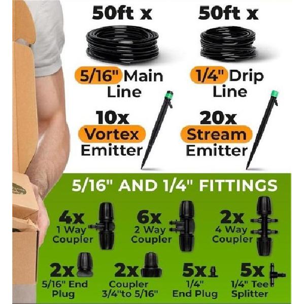 130 Feet Drip Irrigation System Adjustable Kit For Garden W/ Emitters Tubing