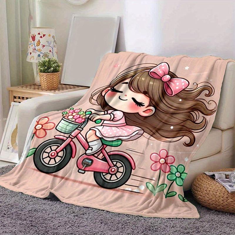 1pc. Cute Cartoon Riding Bicycle with Flowers Home Office Outdoor Blanket Gift for All Seasonsz041705