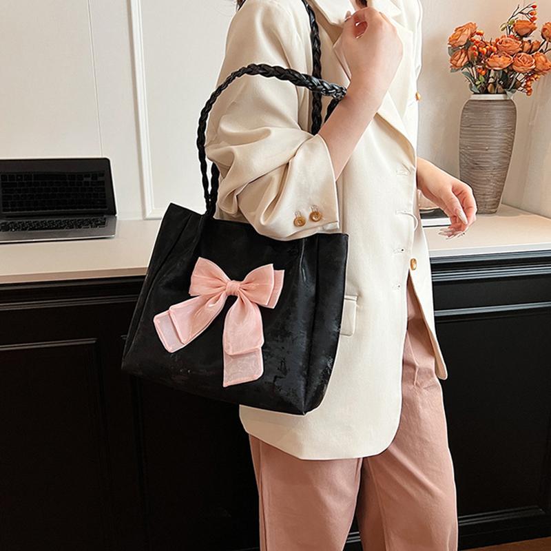 Yogodlns Summer Fashion Large Capacity Student Bow Decor Shoulder Bag New Versatile Women's Bucket Tote Bag For Work Travel