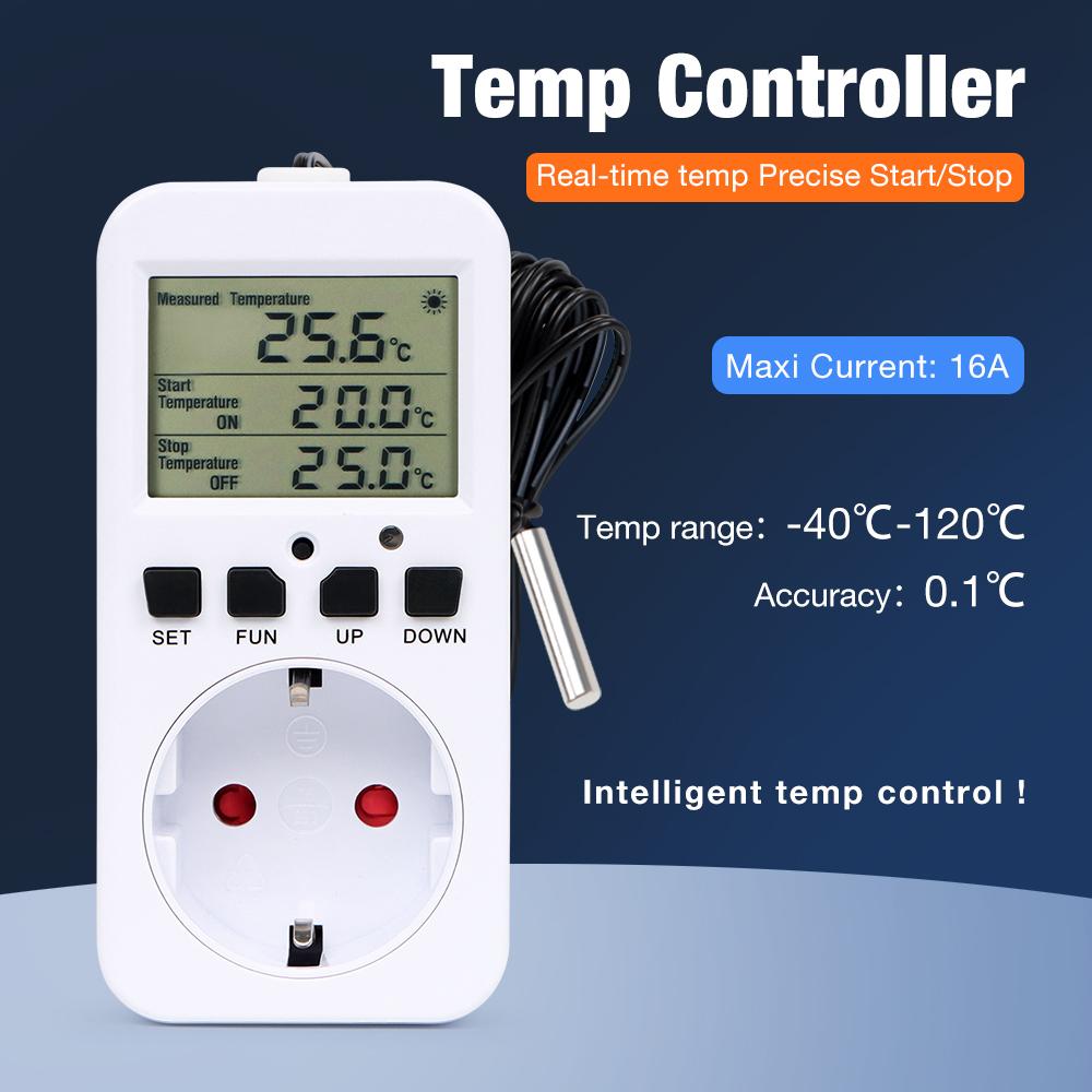 Digital Temperature Controller Socket 16A EU Plug Thermostat Timer Switch Sensing Probe Heating Cooling Switch Outlet Temp Alarm