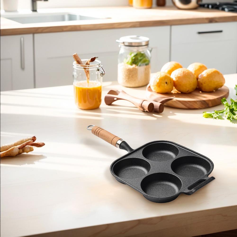 Versatile Four Hole Cast Iron Omelet Pan Heart-Shaped Non Stick Breakfast Frying Pan for Eggs and Pancakes