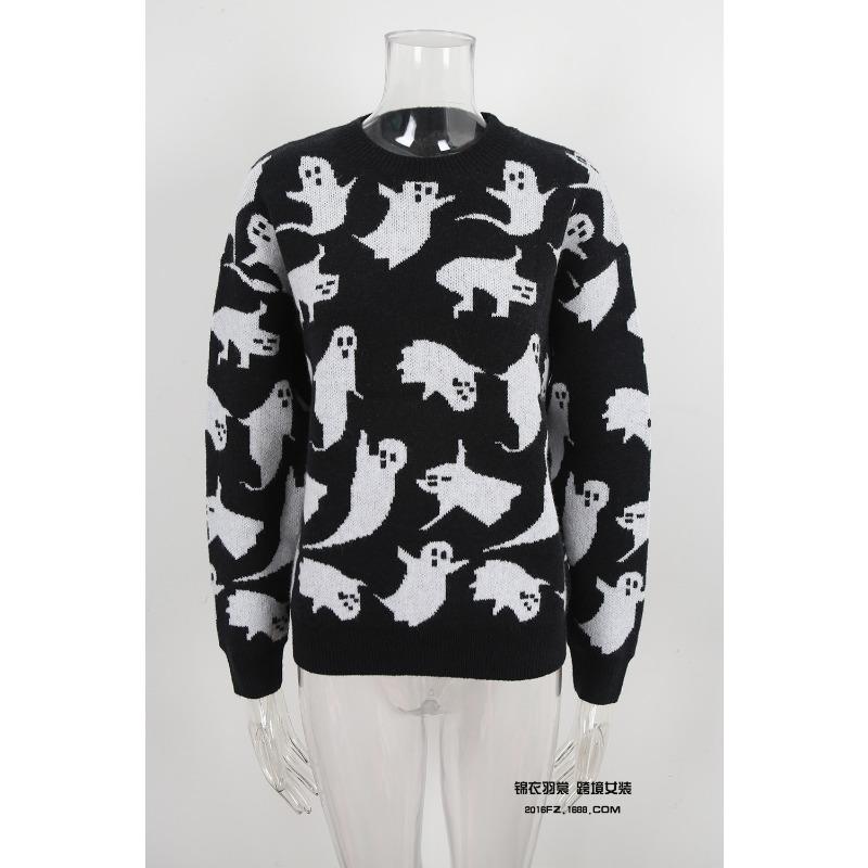 Women Pullover Halloween Sweaters Ghost Print Jumpers Long Sleeves O Neck Loose Slight Strech Casual Office Lady 2025 Autumn