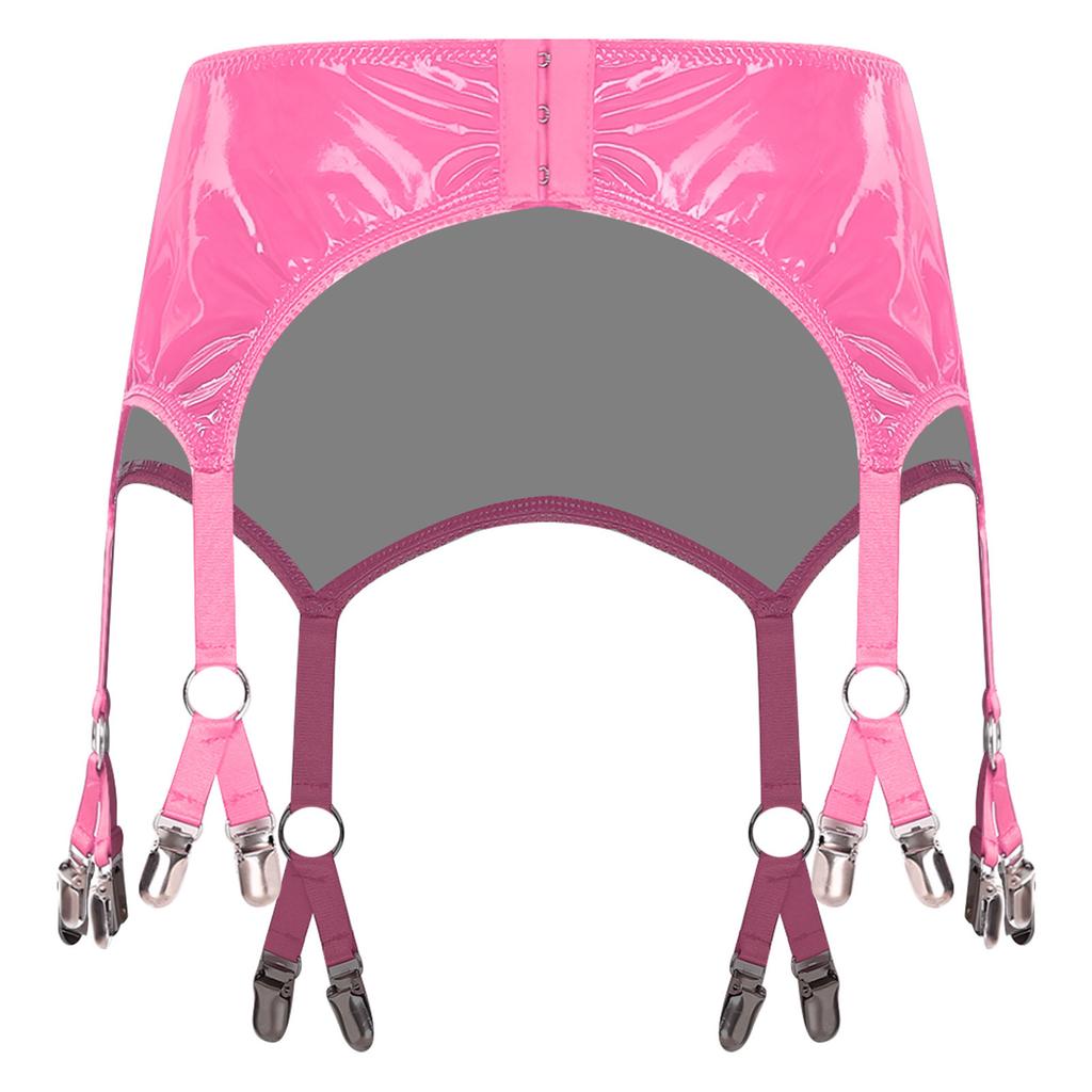 Womens Glossy PU Garter Belt Showing Butt Suspender Straps Metal Clips Extra Miniskirt Waist Belt