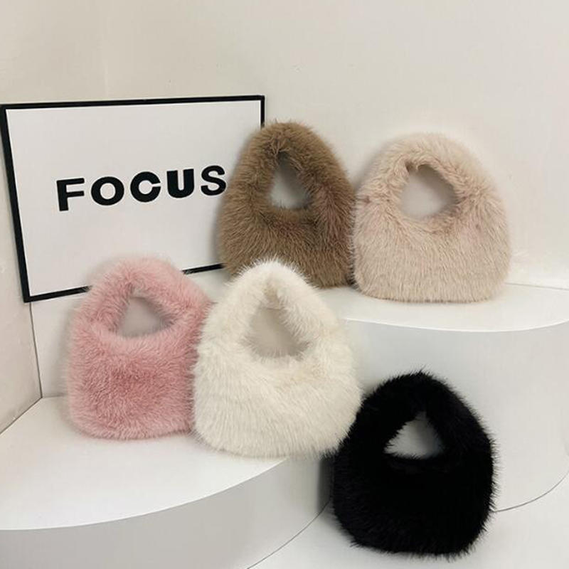 Fashion Soft Plush Half Moon Bags for Women Designer Fluffy Faux Fur Lady Handbags Luxury Small Tote Female Winter Purses