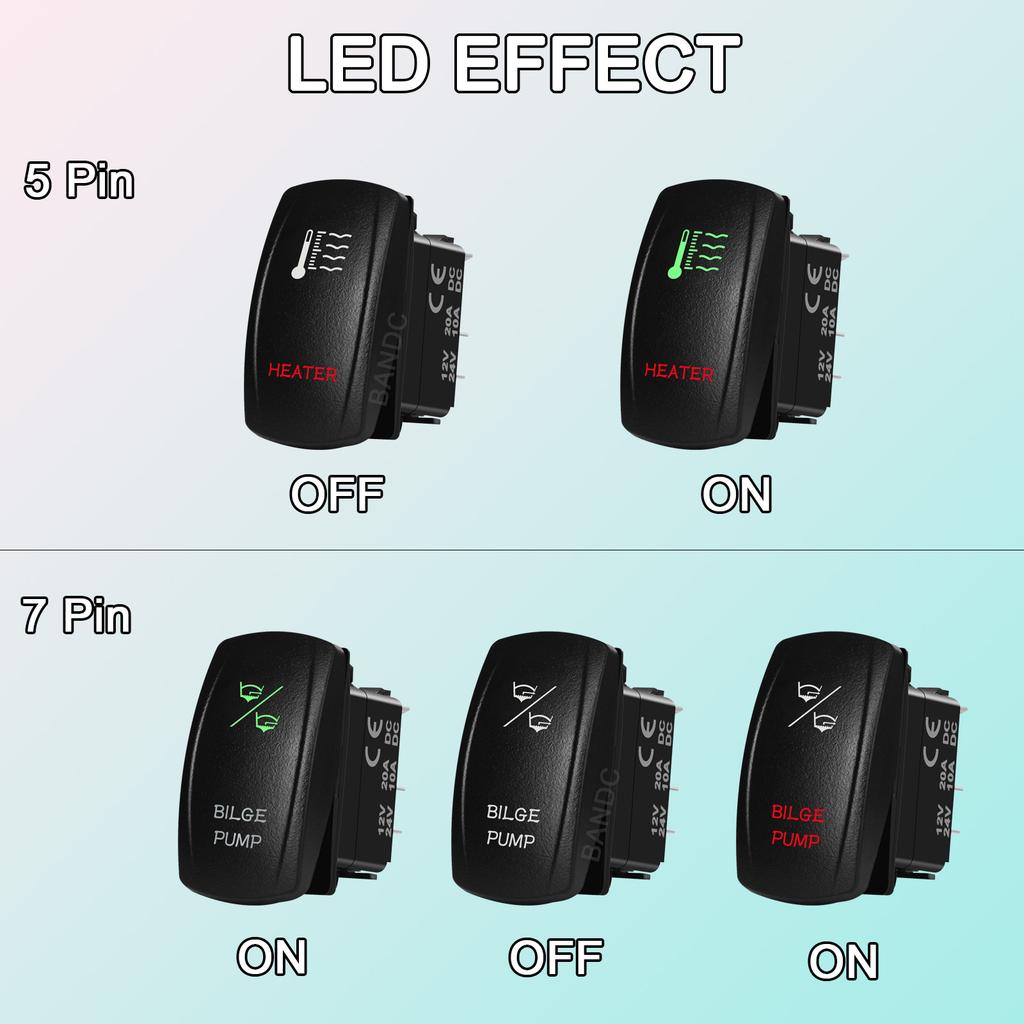 Waterproof LED Rocker Switch for Boat RV Truck | Green/Red Light 12V/24V ON-OFF/ON-OFF-ON for Exhaust Heat AC Lights