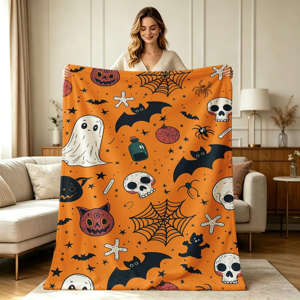 Soft Flannel Halloween Pattern Throw Blanket All Season Warm Cozy Lightweight Blanket for Sofa Couch Office Bedroom Living Room Spooky Ghost Bat Skull