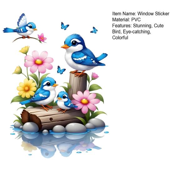 Watercolor Bird Window Sticker Cartoon Blue Birds Flowers Butterflies Double Sided Static Cling