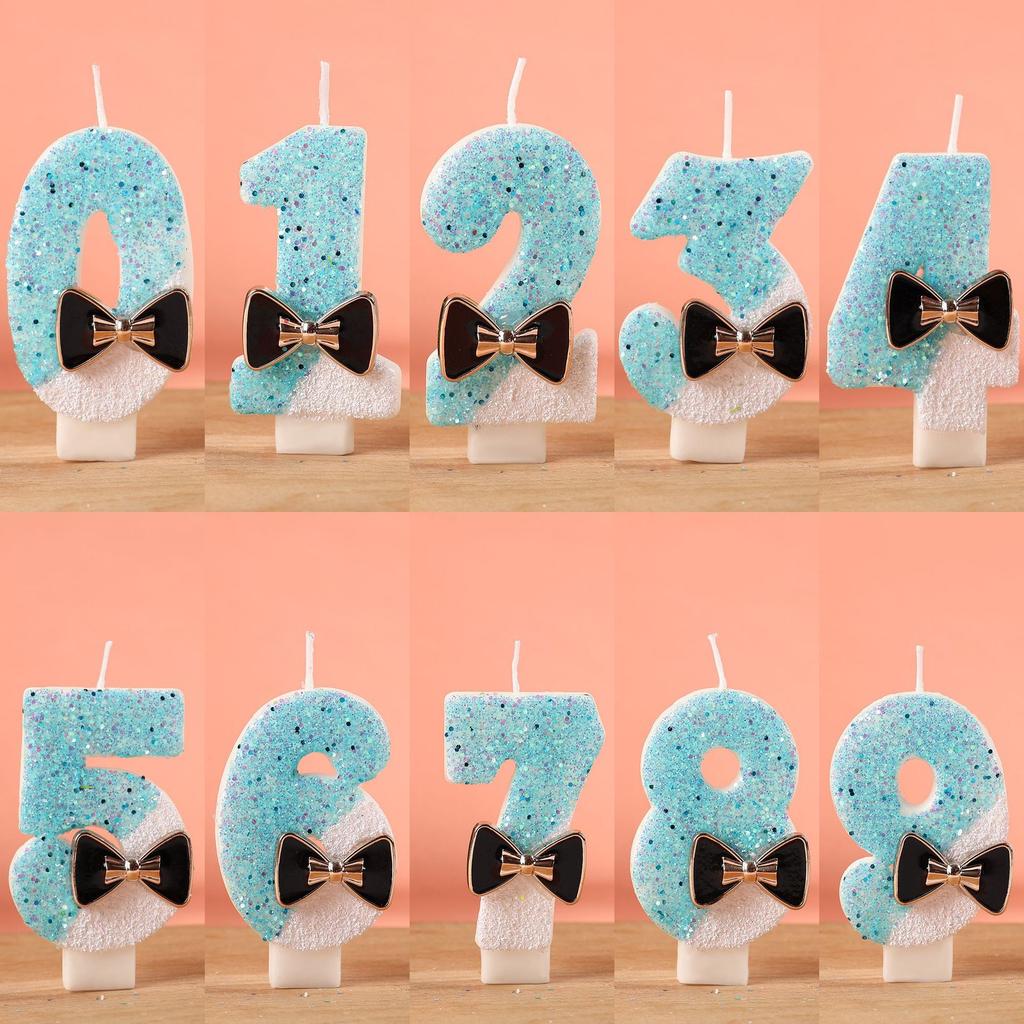 Number Shape Birthday Candle with Decorative Bow Tie Design for Cake Decoration Children Baking Party Supplies 0 To 9 Digit Candles