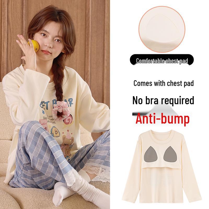 Piżama damska z długim rękawem i nadrukiem w kreskówkowe wzory, z wkładką na klatkę piersiową – uroczy komplet z okrągłym dekoltem do noszenia w domu lub na okrycia wierzchnie wiosną, jesienią i zimą