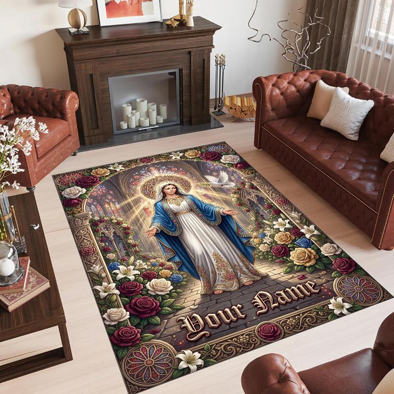 Virgin Mary Theme Crystal Velvet Rug Personalized Custom Name Text Soft Floor Mat Home Decor