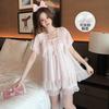 Linglei Summer Solid Color Square Neck Lace Sweet Loose Princess Wind Mesh Short Sleeve Pajama Set Loungewear
