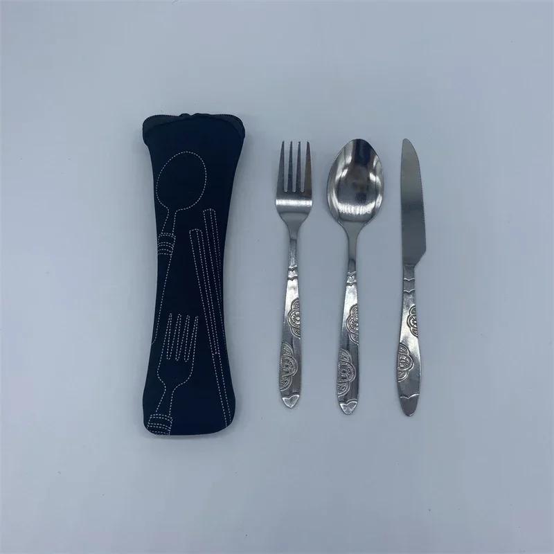7/3 Pcs Stainless Steel Outdoor Camping Tableware Set Of Pieces Western Food Steak Knife Fork Spoon Creative Cloth Bag Portable