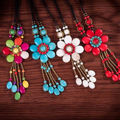 Collana lunga in pietra naturale in stile bohémien, da donna, in corda di cera retrò, intrecciata a mano, con catena a forma di fiore