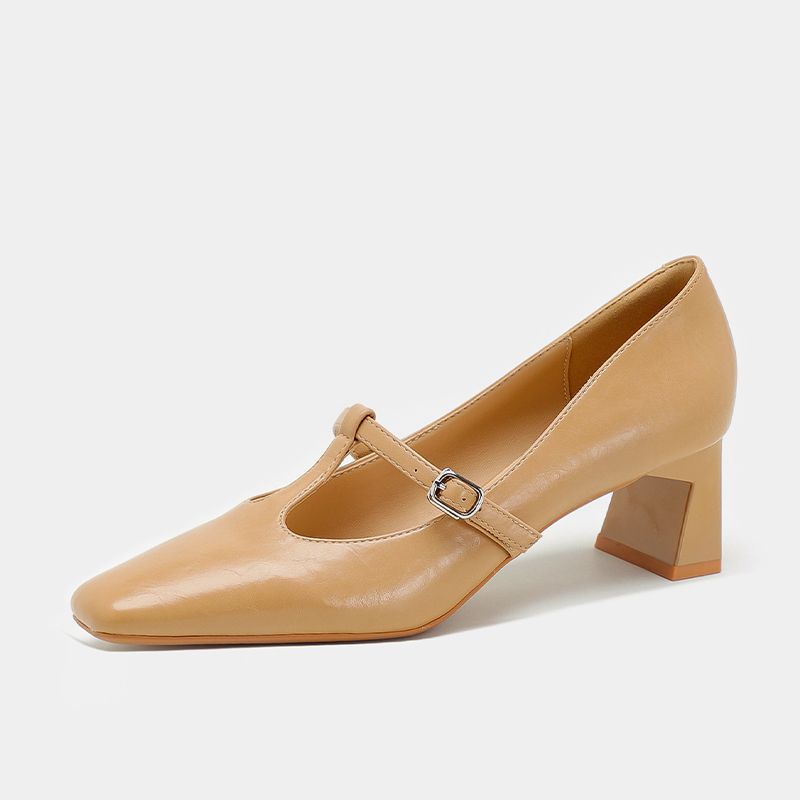 

Off-white high heels women s thick heel square head 2025 spring new professional soft leather one-word buckle skirt single shoes 39 абрикосовий