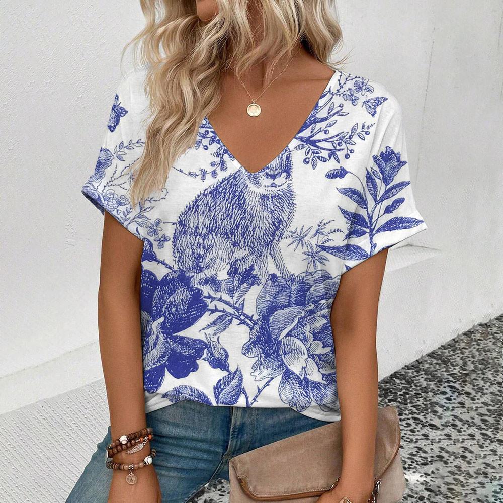 

Китайский сине-белый узор с принтом, модная летняя повседневная футболка с короткими рукавами, элегантная женская одежда с V-образным вырезом XL