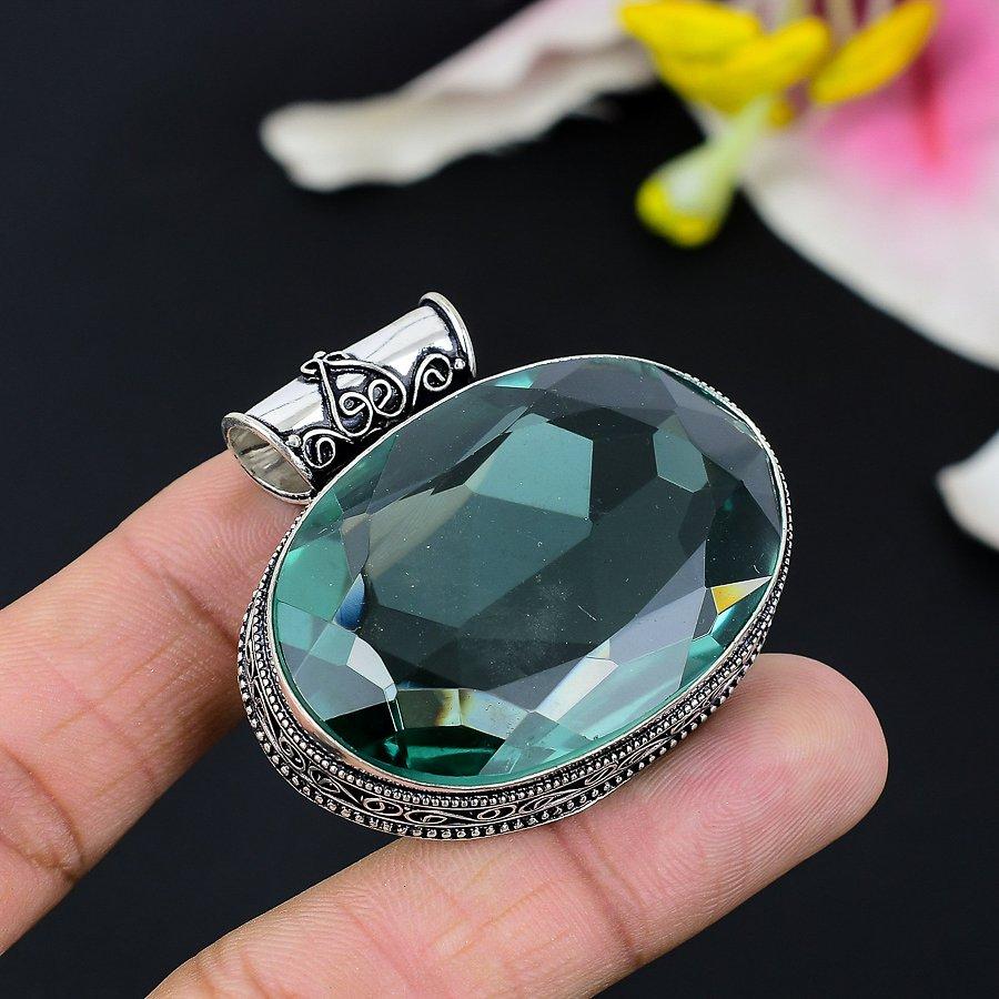 Aqua Apatite Gemstone Handmade 925 Sterling Silver Jewelry Pendant 2.29" KG-117