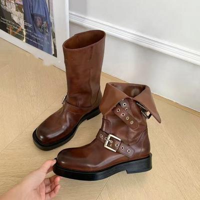 [Peau de cheval lavée] Bottines courtes à boucle fine pour femmes à semelles épaisses surélevées 2025 automne et hiver nouvelles bottes fines bottines printemps et automne