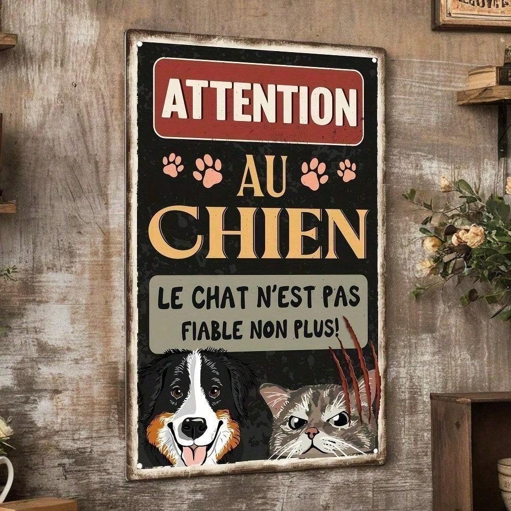 Vintage French Tin Sign Attention Au Chien Retro Metal Wall Decor for Bar Pub Garage Man Cave