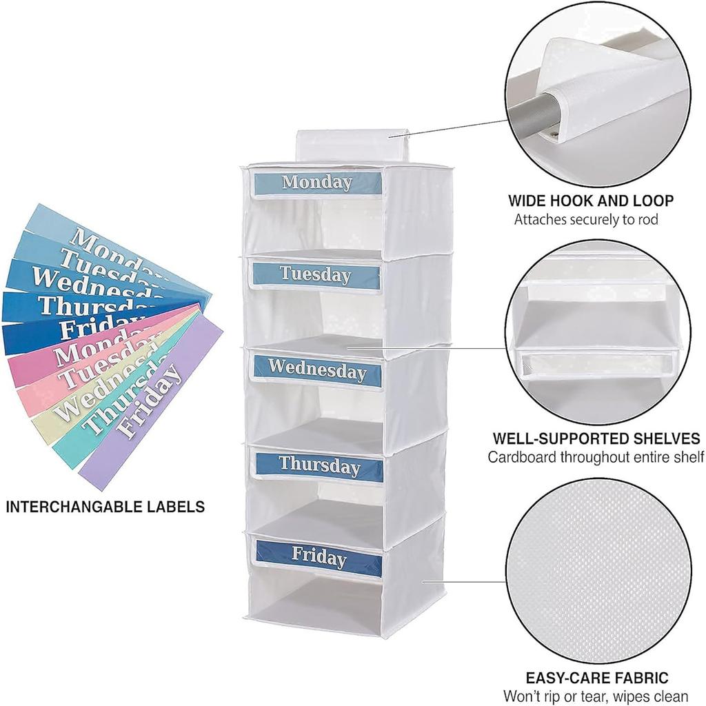 5-Shelf Hanging Closet Organizer with 5 Side Pockets Weekly Clothing Divider with Labeled Days Hanging Storage Shelves for Home