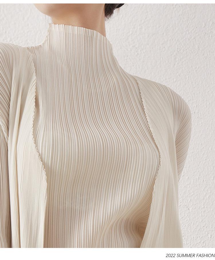 2024 Frühling Damen Midilanger Miyake Zahnstocher Cardigan - Langärmelig, Lässige lockere Passform, Plissierte Oberbekleidung