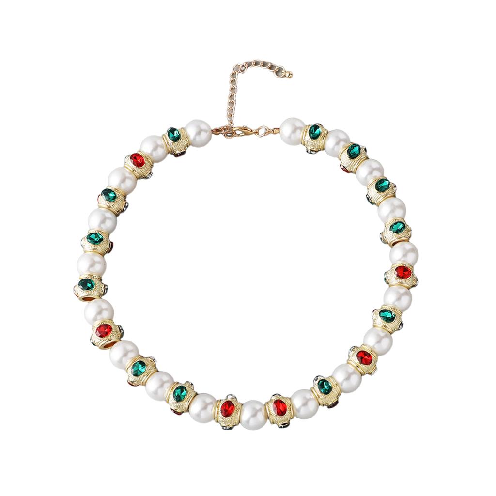 Vintage Heavy Craftsmanship Glass Pearls Necklace With Red Green Gemstones Designs Zinc Alloy Jewelry for Women