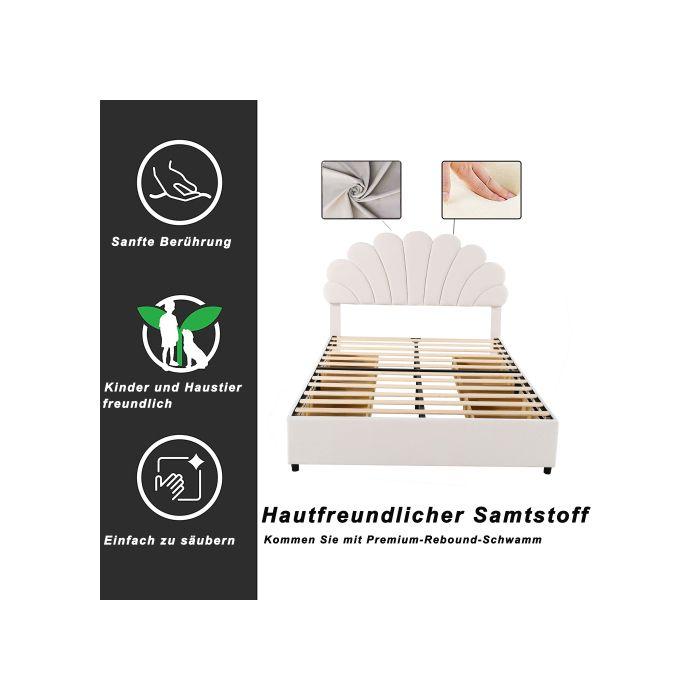 Lit Capitonné - MUVOE - 140 X 200 Cm - Tête De Lit Florale - 4 Tiroirs De Rangement - Beige