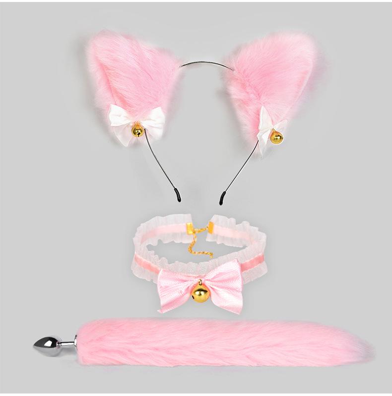 Bondage Katzenanzug mit Schwanz Analplug, Halsband & Knebel