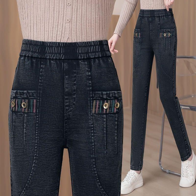 

Новые осенне-зимние эластичные джинсовые брюки с высокой талией, универсальные брюки харен для мамы среднего возраста 3XL