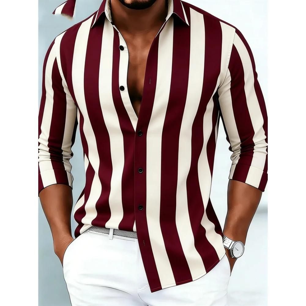 New Men's Long Sleeved Shirt Casual Fashion 3D Striped Print High-quality Shirt Single Breasted Long Sleeved Top