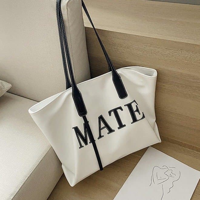 Letter embroidery bumped leather portable soft leather tote big bag белый