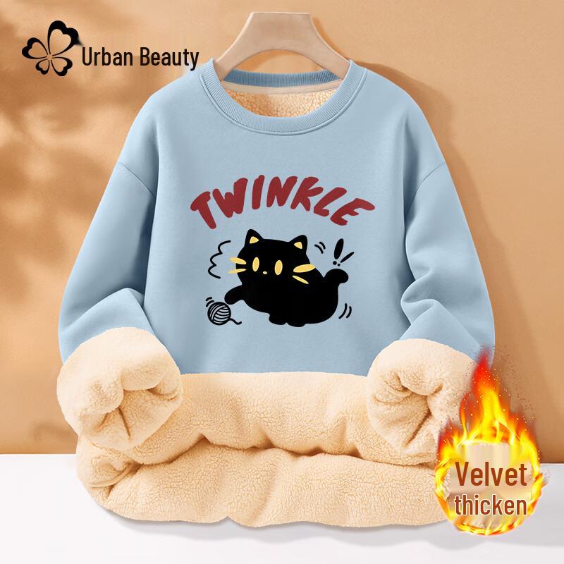 

Women s 2025 Winter Fleece-Lined Cat Print Crewneck Sweatshirt 2XL
