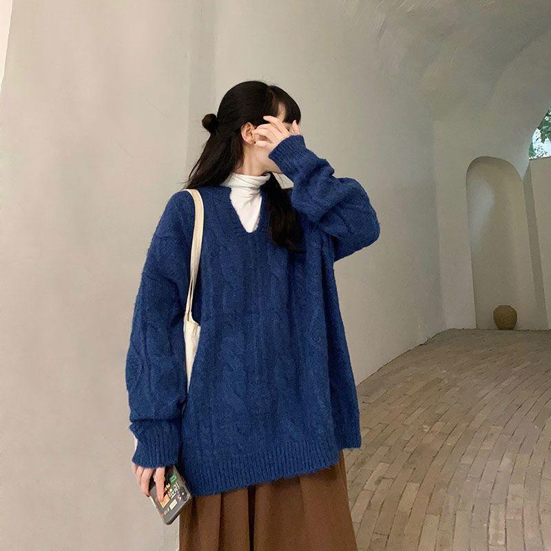 Twist V-Neck Women's Oversized Sweater - New Spring/Summer Korean Style Thick Knit Pullover