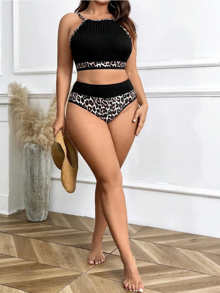 Zweiteilige Übergrößen-Badeanzüge Damen Strand-Bikini-Set Leopardendruck Sexy Damen-Bikinis Bademode