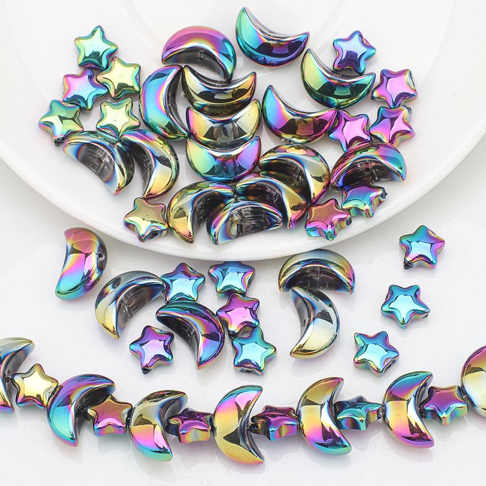 Moon and Star Glass Beads Set: Iridescent DIY Bracelet & Necklace Kit