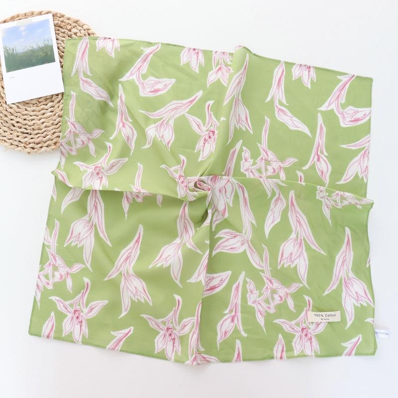 100% Cotton Kerchief Floral Thin High-Grade Silk Scarf Travel Scarf Decorative Western Style Scarf for Women Small Sqare Scarf