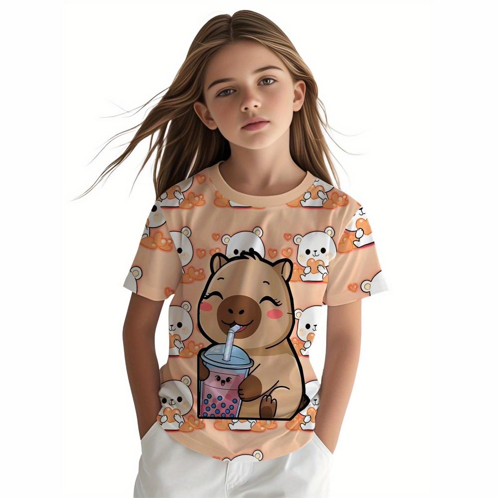 

Children s Clothing Capibala Print Comfortable O-Neck T-Shirt Outdoor Fashion Short Sleeve Children Clothes Girl Tops 140