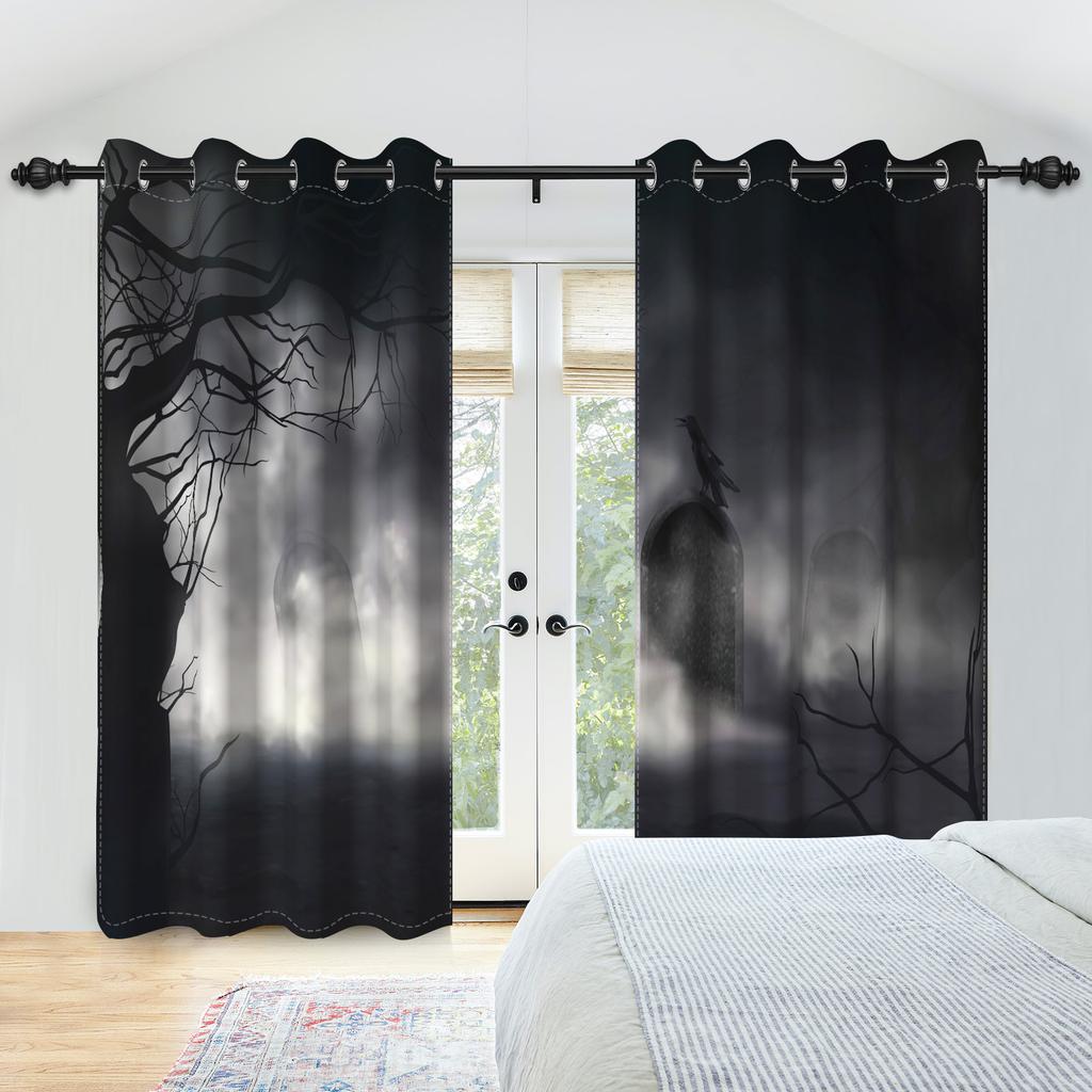 2pcs/set Horror Halloween Window Curtain Full Moon Night Tomb Iron Gate Back Room Home Bedroom Decor Blackout Polyester Curtains