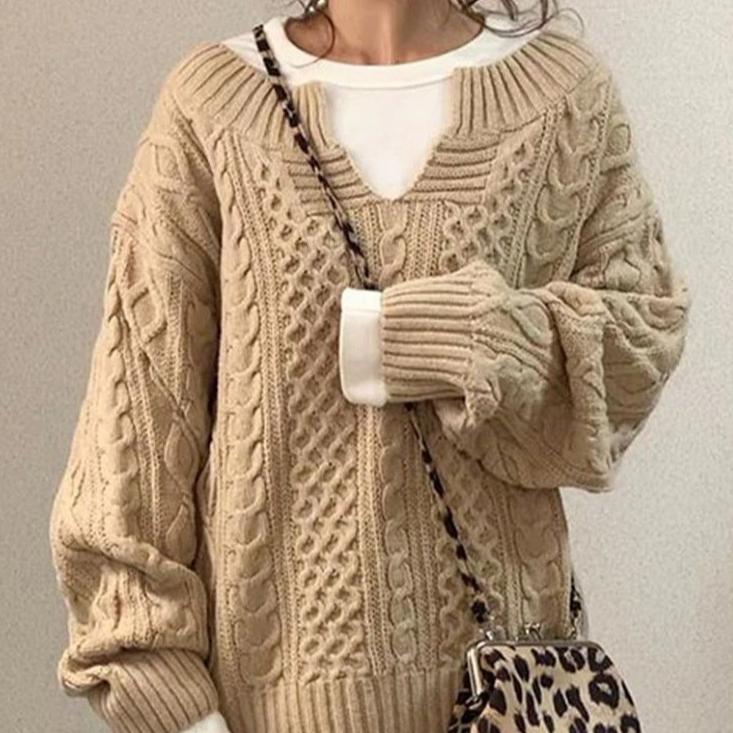 

Женский новый осенне-зимний свитер, вязаный узор «перекрученный», однотонный, повседневный, с V-образным вырезом, длинными рукавами, свободный свитер-пуловер 3XL хаки