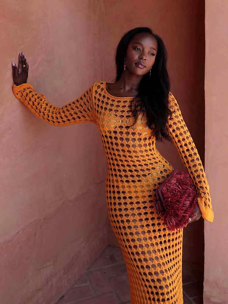 EDOLYNSA Sexy Cut Out Bell Sleeve Solid Knit Crochet Beach Maxi Dress 2024 Women Summer Chic Swimsuit Cover Up Elegant Party Outfit K23
