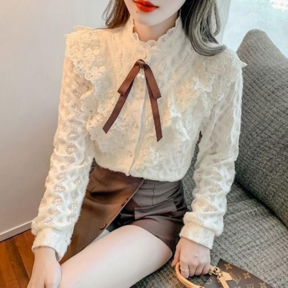 

Нижняя рубашка для женщин Новый стиль Кружевной воротник-стойка Кружевная рубашка для женщин Универсальные топы Рубашки для женщин M