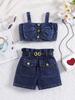 Girls' Fashion Set, Summer Children's Casual Square Neck Lantern Sleeve Top, Patterned Pleated Skirt Set