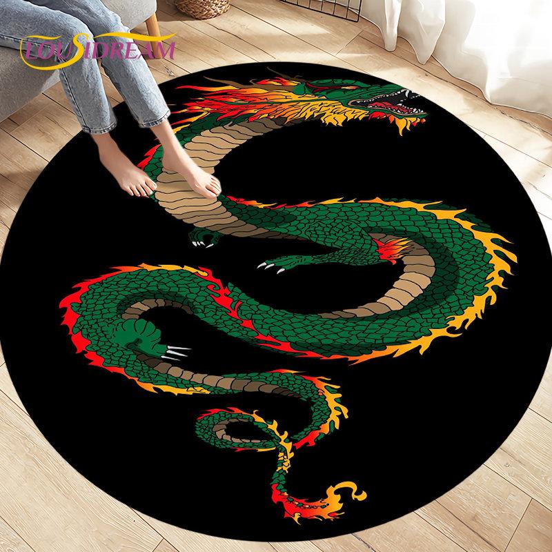 3D Cartoon Mysterious Dragon Area Rug,Round Carpet Rug for Living Room Bedroom Sofa Decoration,Kid Play Game Non-slip Floor Mat