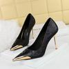 Fashion Luxury Satin Design Women Pumps Sexy Pointed Toe Metal Decoration Thine High Heels Elegant Banquet Mules Shoes for Women Tacones