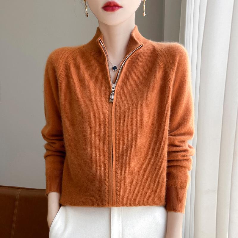 Stand-collar Zipper Wool Cardigan for Women In Autumn and Winter New Style Ingot Needle Sweater Loose Jacket Casual Knitted Top