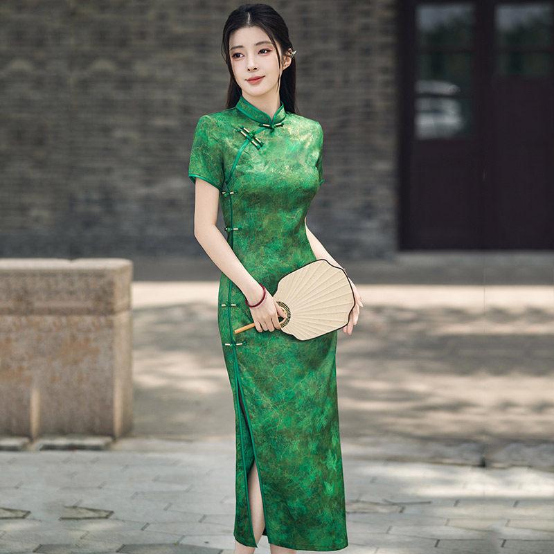 Yeşil test gönder ulusal tarz yeni Çin tarzı Suzhou uzun cheongsam geliştirilmiş genç 1011 yeni kadın yüksek algı yaz