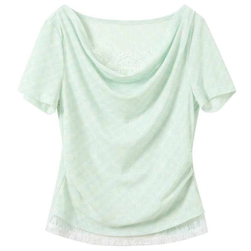 Sancai Women's Lace Patchwork Cowl Neck Crop Top