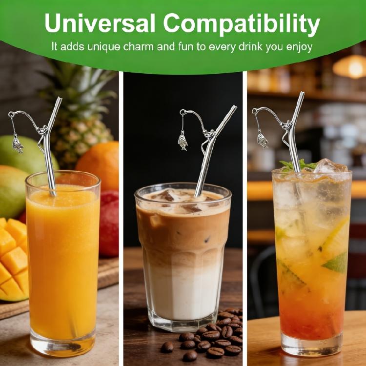 Decorative Fishing Design Charm Metal Straw Beverage Drinking For Restaurants Cafes And Home Kitchens Dishwasher Safe