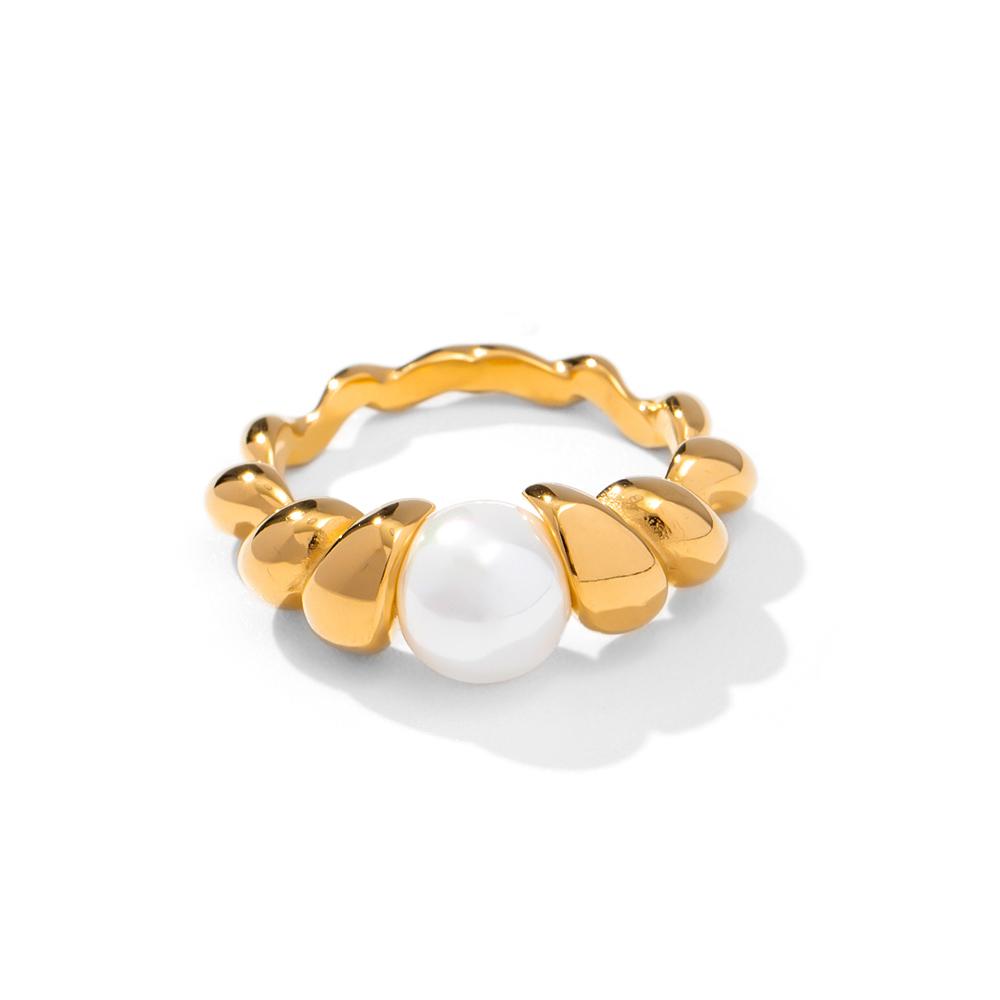 Youthway  Gold Pvd Plated  Stainless Steel Rings Wedding Statement Jewelry Freshwater Pearl Cubic Zirconia Ring