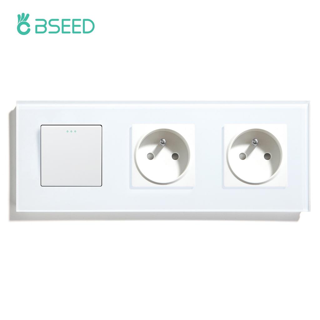BSEED 1/2/3Gang Mechanical Wall Light Switch 1Way Plus French Socket USB Type-c Ports USB Power Sockets Glass Frame 16A